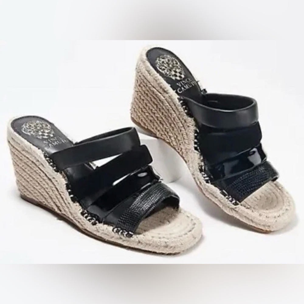 VINCE CAMUTO Womens Black Molisana Wedge Slip On Leather Espadrille Shoes 10